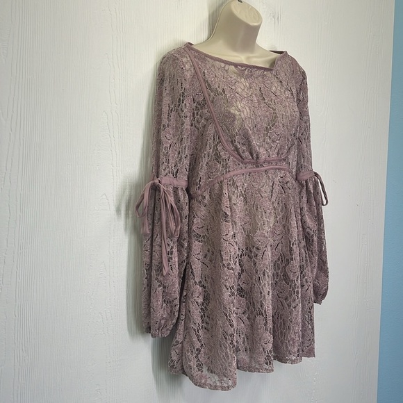 Free People - Ruby Sheer Lavender Lace Above The Knee Tie Sleeves Mini Dress XS - Picture 4 of 12